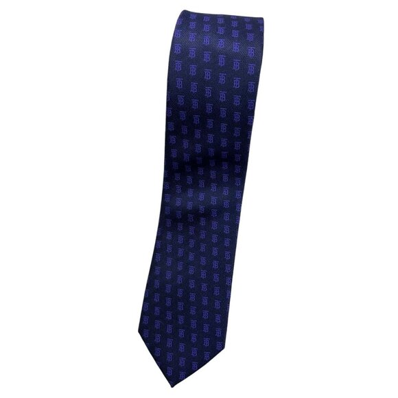 NWOT BURBERRY Men's 100% Silk Necktie LUXURY Navy Purple Monogram Logo W:2.7" - Picture 1 of 5